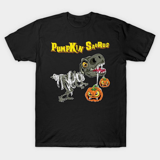 Pumpkin Saurus Funny Halloween Dinosaur Skeleton T-Shirt by PunnyPoyoShop